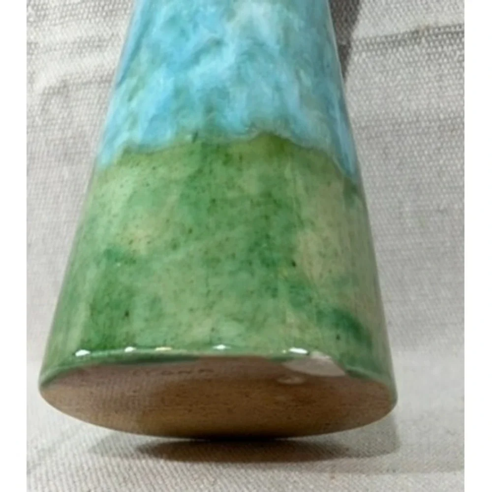 Vintage Yona Ceramic Hourglass Vase Green Turquoise Drip Glaze MCM Pottery 6.5